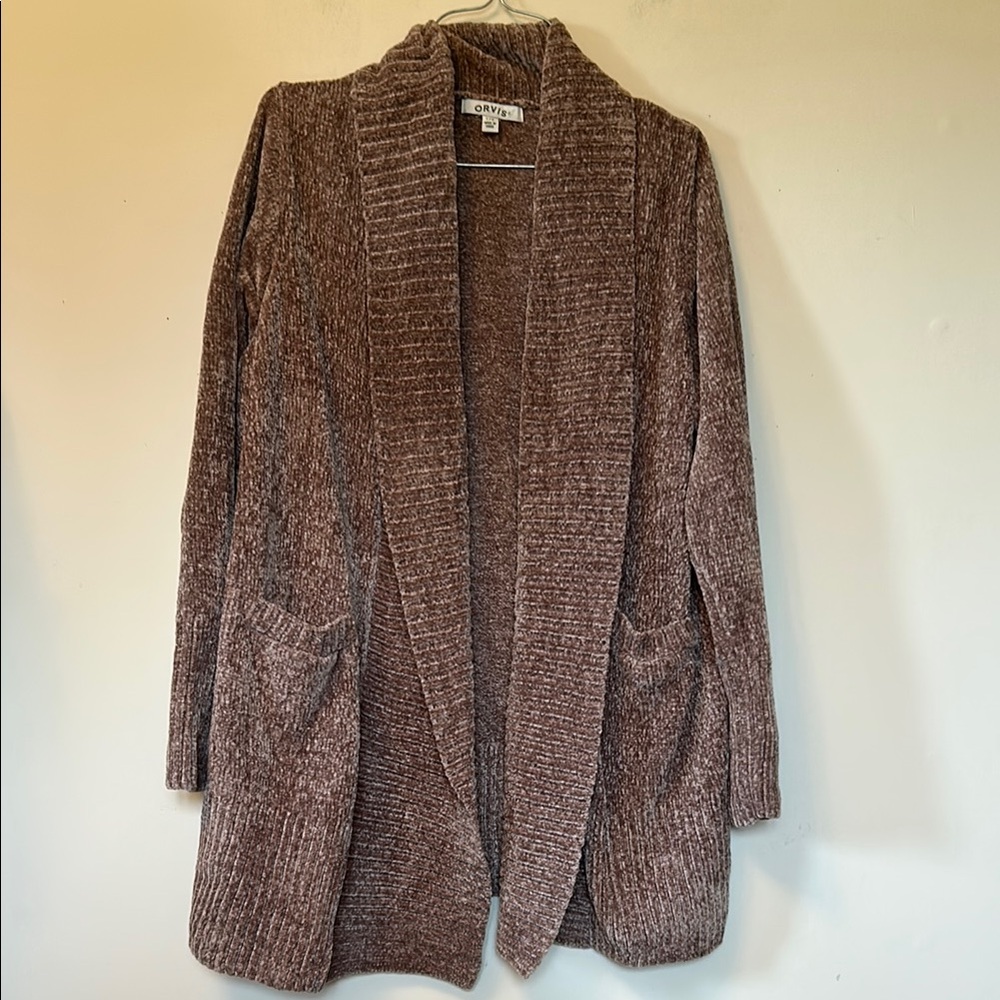 Orvis women’s brown soft chenille cardigan sweater pockets open front size large